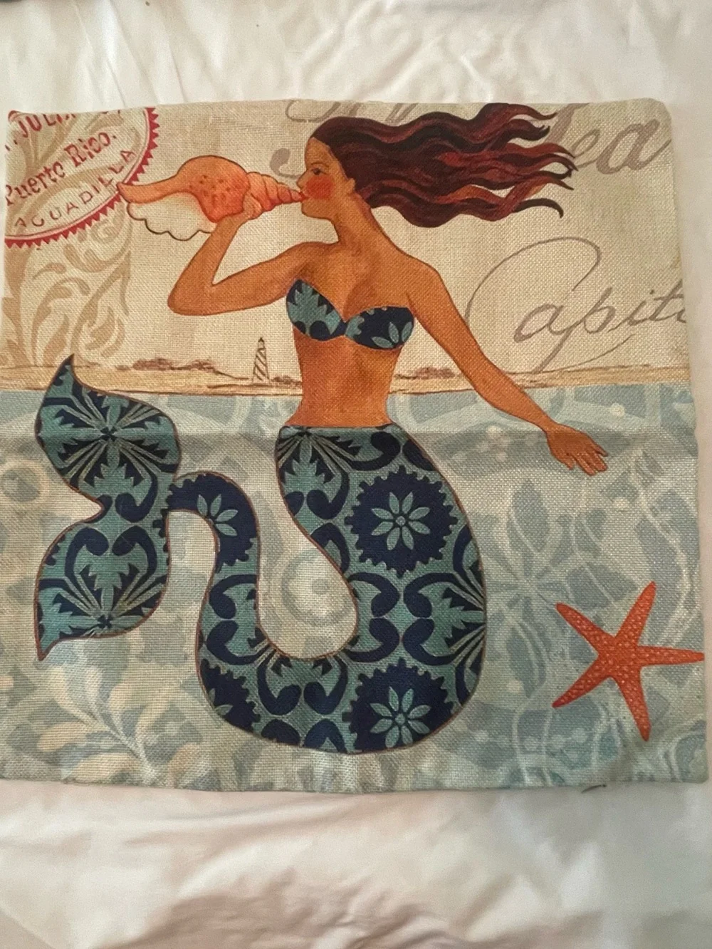 Vintage Beach Burlap Tropical 4 Mermaid Square 17 x 17.5 in Pillow cover
